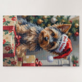 Yorkshire Terrier on Presents with Santa Hat ジグソーパズル (横)