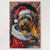 Yorkshire Terrier Peeking from Christmas Stocking ジグソーパズル (縦)