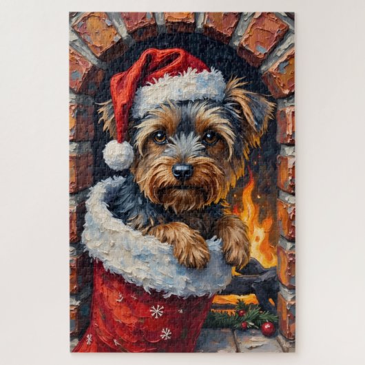 Yorkshire Terrier Peeking from Christmas Stocking ジグソーパズル (縦)