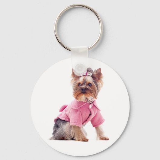 Yorkshire Terrier Puppy Dog In Pink Keychain キーホルダー (正面)