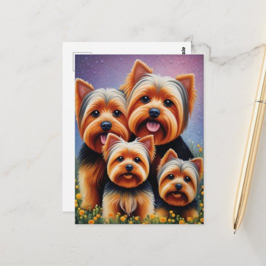 Yorkshire Terrier Puppy Family Colorful Portrait ポストカード (正面/裏面インサイチュ)