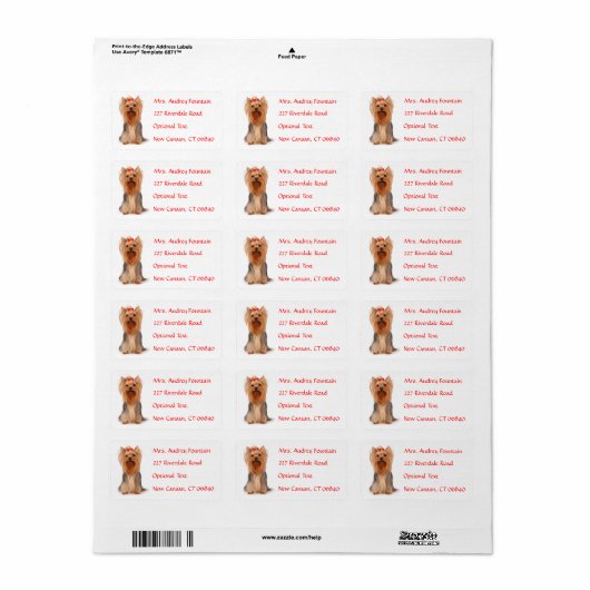Yorkshire Terrier Puppy Name Address Mailing Label ラベル (フルシート)