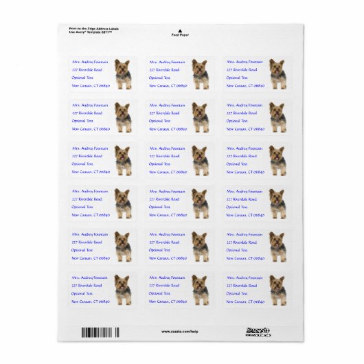 Yorkshire Terrier Puppy Name Address Mailing Label ラベル (フルシート)