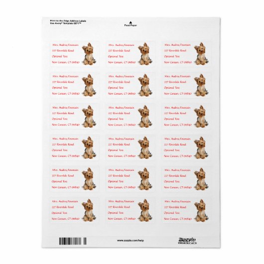 Yorkshire Terrier Puppy Name Address Mailing Label ラベル (フルシート)