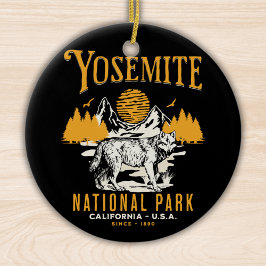 Yosemite Woodland Scenery with Retro Wolf セラミックオーナメント
