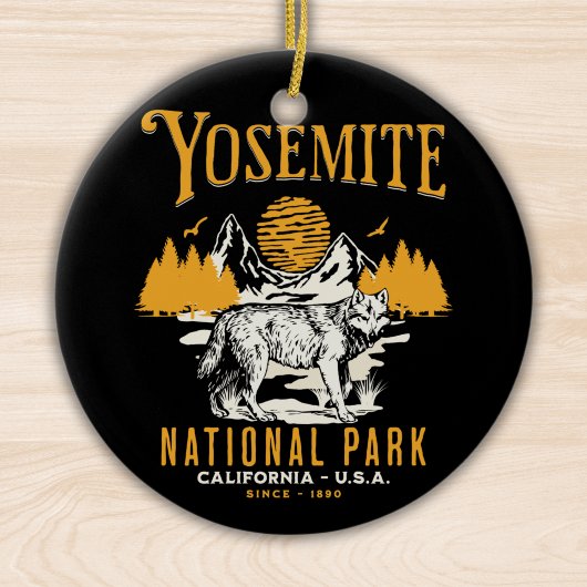 Yosemite Woodland Scenery with Retro Wolf セラミックオーナメント