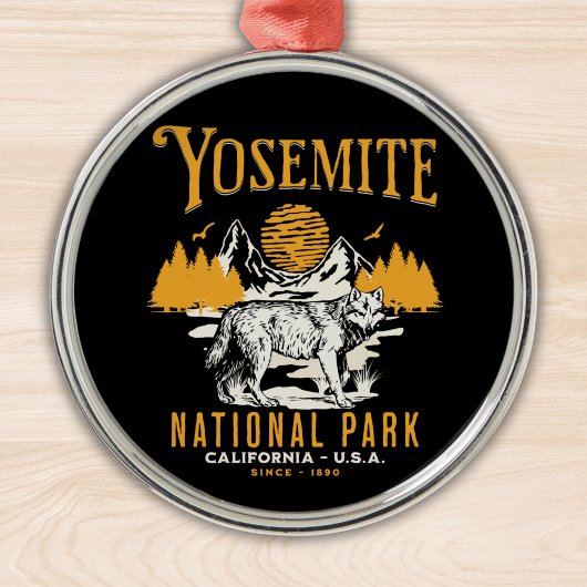 Yosemite Woodland Scenery with Retro Wolf メタルオーナメント