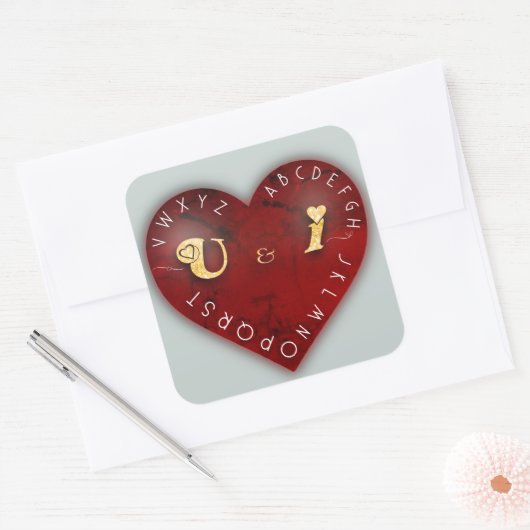 You and I -赤いハート上のアルファベットゲーム スクエアシール (封筒)