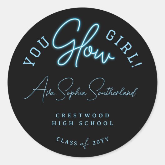 You Glow Girl Grad Blue Neonスクリプト卒業 ラウンドシール (正面)