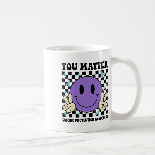 You Problemティール(緑がかった色)紫リボン自殺防止 コーヒーマグカップ (右)