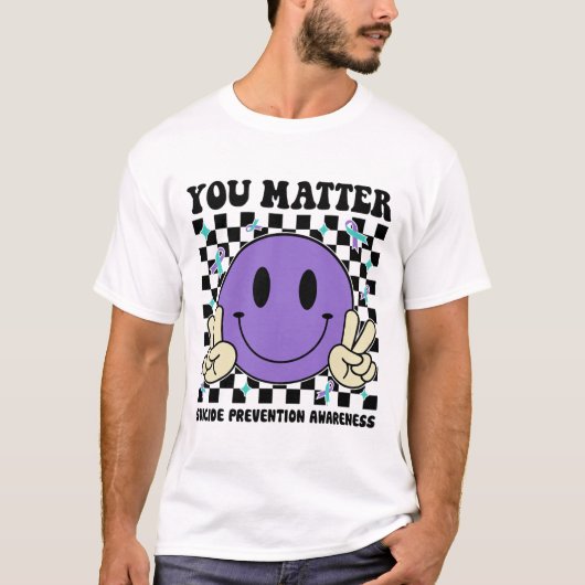 You Problemティール（緑がかった色）紫リボン自殺防止 Tシャツ (正面)