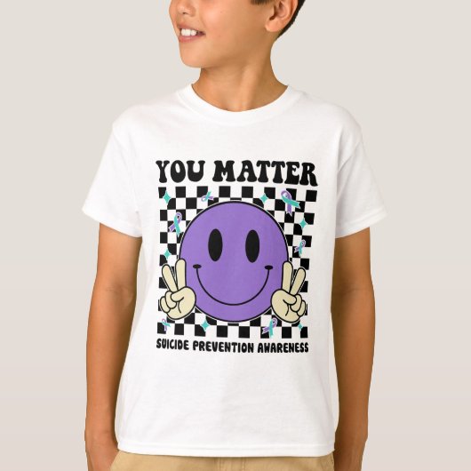 You Problemティール（緑がかった色）紫リボン自殺防止 Tシャツ (正面)