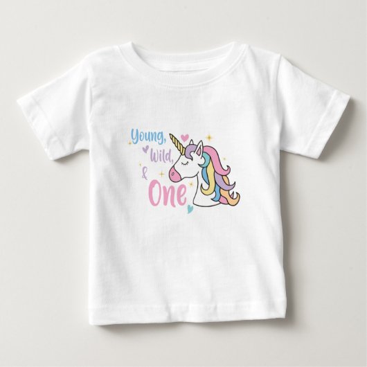 Young ガーリー Wild One Unicorn 1st Birthday ベビーTシャツ (正面)