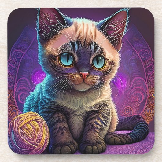 Young Blue Eyed Kitten With Ball Of Yarn コースター (正面)