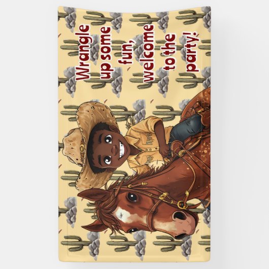 Young Boy Joyfully Rides Horse 横断幕 (縦)