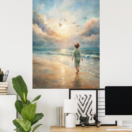 Young Boy on Beach ポスター (ホームオフィス)