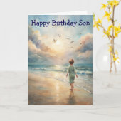 Young Boy on Beach Birthday Card カード (黄色い花)