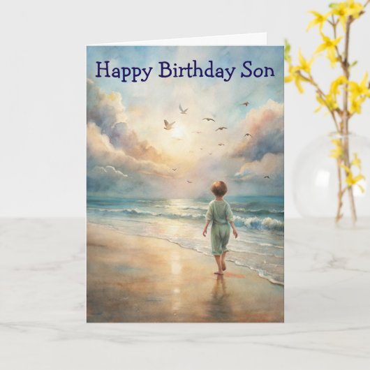 Young Boy on Beach Birthday Card カード (黄色い花)
