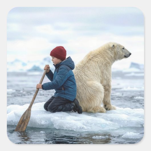 Young Boy on Ice Rescuing a Polar Bear スクエアシール (正面)