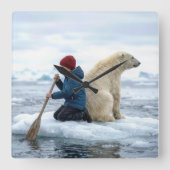 Young Boy on Ice Rescuing a Polar Bear スクエア壁時計 (正面)