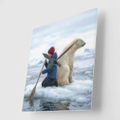 Young Boy on Ice Rescuing a Polar Bear スクエア壁時計 (傾斜)