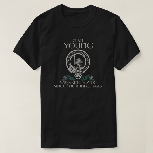 Young Clan crestスコットランドの姓タータンチェックThistle Tシャツ (デザイン正面)