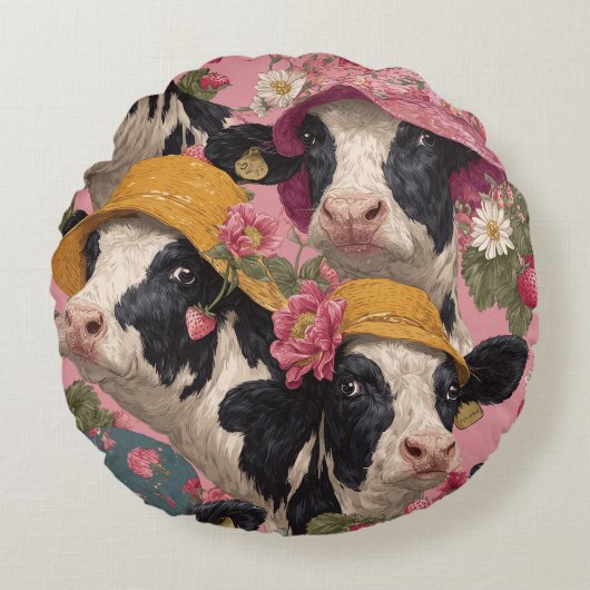 Young Cows Wearing Spring Hats In Strawberry Field ラウンドクッション (正面)