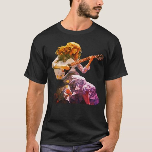 Young Girl Strumming a Guitar on a Black T-Shirt Tシャツ (正面)