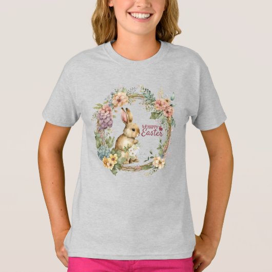 Young Girls' Floral Happy Easter Bunny Tee Tシャツ (正面)