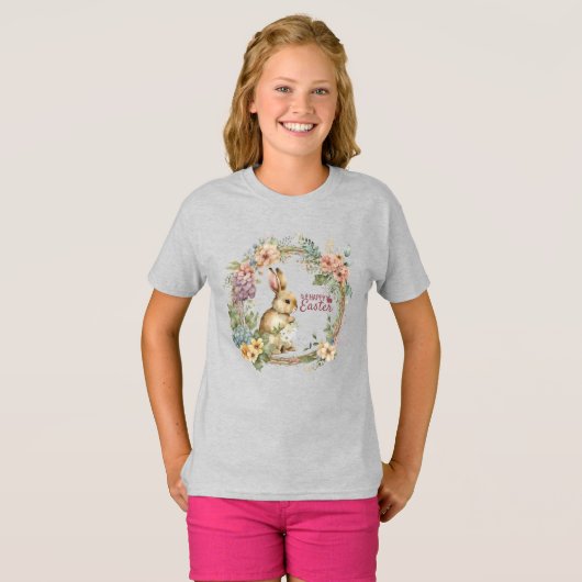 Young Girls' Floral Happy Easter Bunny Tee Tシャツ (正面フル)