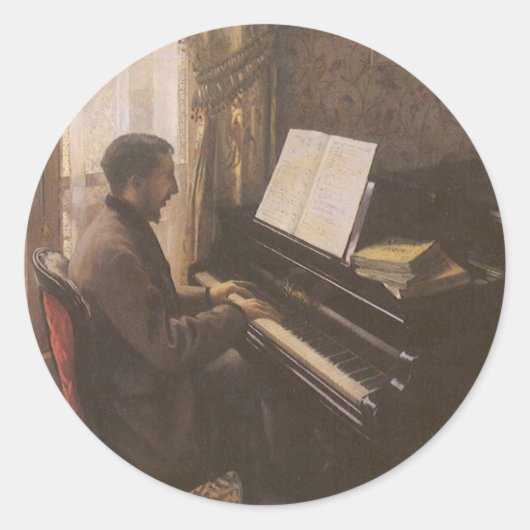 Young Man 遊's the Piano by Gustave Caillebotte ラウンドシール (正面)