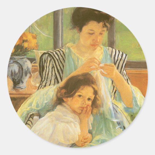 Young Mother裁縫by Mary Cassatt,ヴィンテージ・アート ラウンドシール (正面)