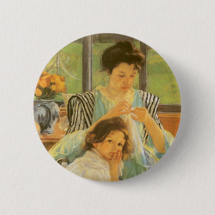 Young Mother裁縫by Mary Cassatt,ヴィンテージ・アート 缶バッジ