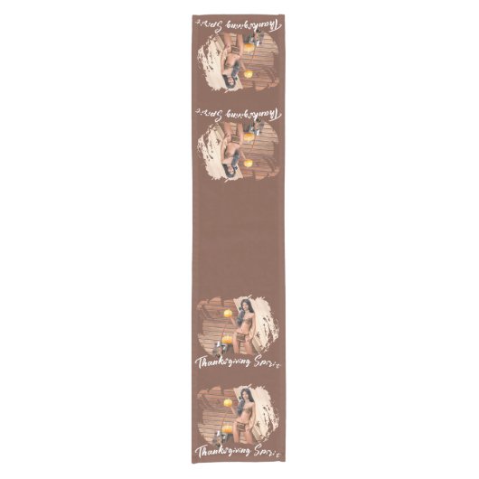 Young Native American Posing on Wood Wall ショートテーブルランナー (正面)