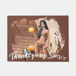 Young Native American Posing on Wood Wall ドアマット