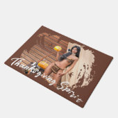 Young Native American Posing on Wood Wall ドアマット (アングル)