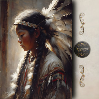 Young Native Girl Feather Headdress Decoupage 薄葉紙