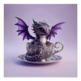 Young Purple & White Fairmont Dragon In A Tea Cup ポスター
