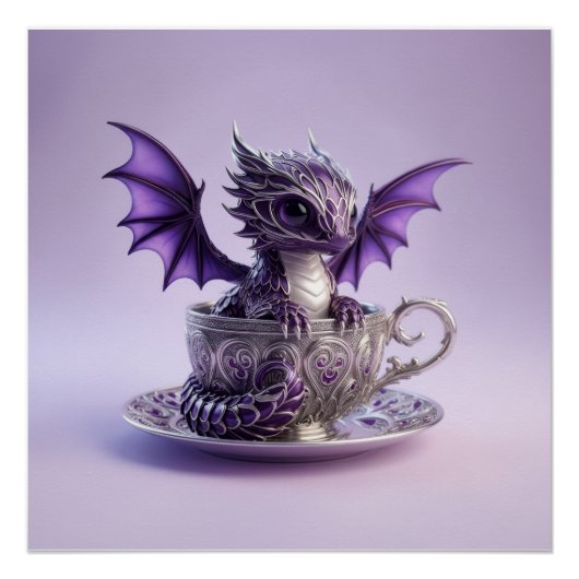 Young Purple & White Fairmont Dragon In A Tea Cup ポスター (正面)