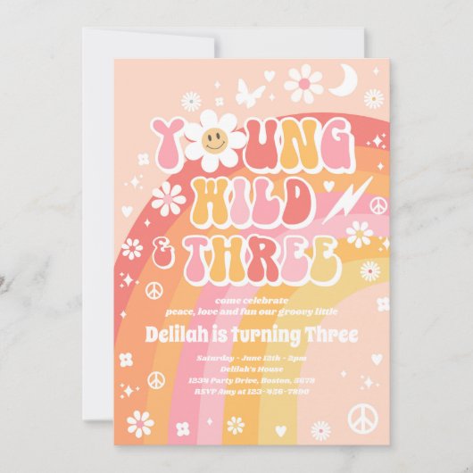 Young Wildと3つのヒッピー3歳の誕生日パーティー 招待状 (正面)