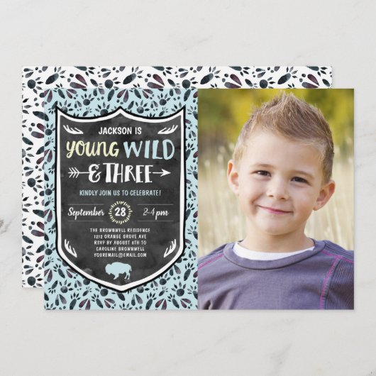 Young Wildと3歳の誕生日パーティー写真 招待状 (正面/裏面)