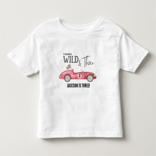 Young WildとTHREE Red Raceの車の3番目の誕生日 トドラーTシャツ (正面)