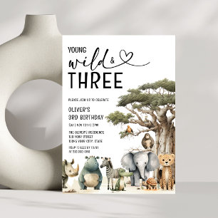 Young Wildモダン and Three Safari 3歳の誕生日 招待状