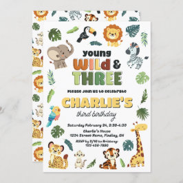Young Wild & 3サファリ動物園の動物の誕生日パーティー 招待状