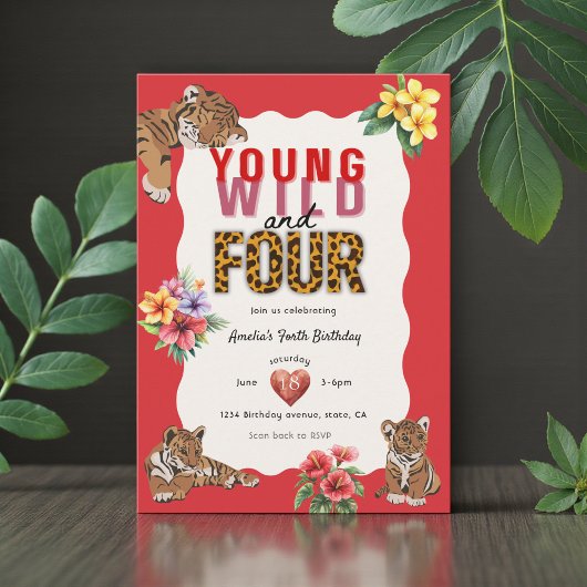 Young Wild and Four Tiger Floral Birthday 招待状