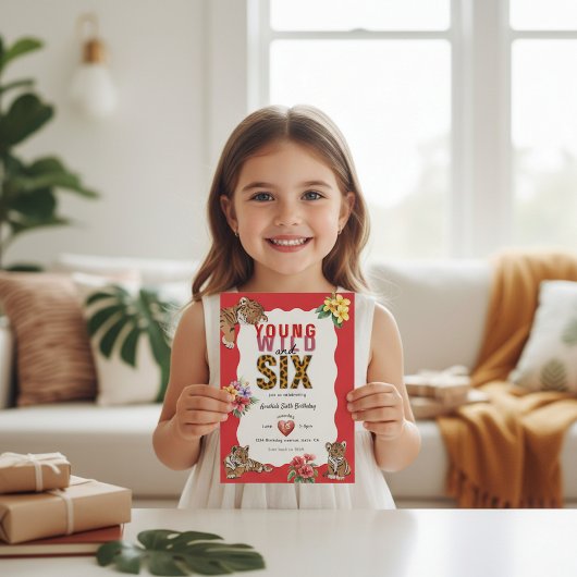 Young Wild and Six Tiger Floral Birthday 招待状