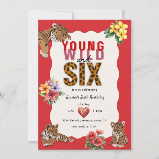 Young Wild and Six Tiger Floral Birthday 招待状 (正面)
