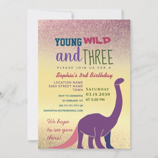 Young Wild and Three ガール 3歳の誕生日パーティーの招待状 招待状 (正面)