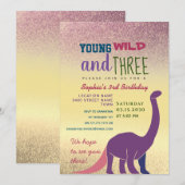Young Wild and Three ガール 3歳の誕生日パーティーの招待状 招待状 (正面/裏面)