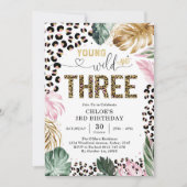 Young Wild and Three ヒョウ柄ガール 3歳の誕生日 招待状 (正面)